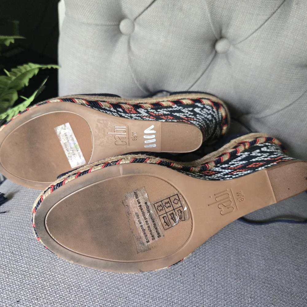 CAbi Navy Suede Espadrille Wedges Lace Up Raffia Platform Boho‎ Size 8.5